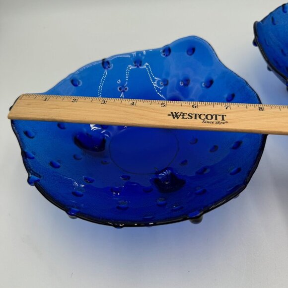 Unusual Vintage Collectible Cobalt Blue Blown Glass Hobnail Footed Serving Bowl - Picture 6 of 10